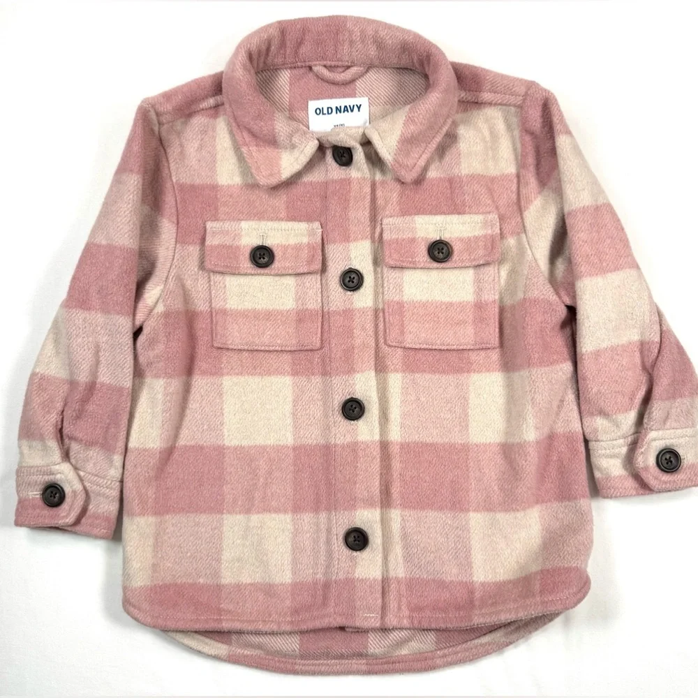 OLD NAVY Girls Plaid Fleece Shacket XS Cozy Pink Check Button‎ Up